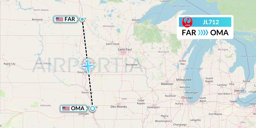 JL712 Japan Airlines Flight Map: Fargo to Omaha