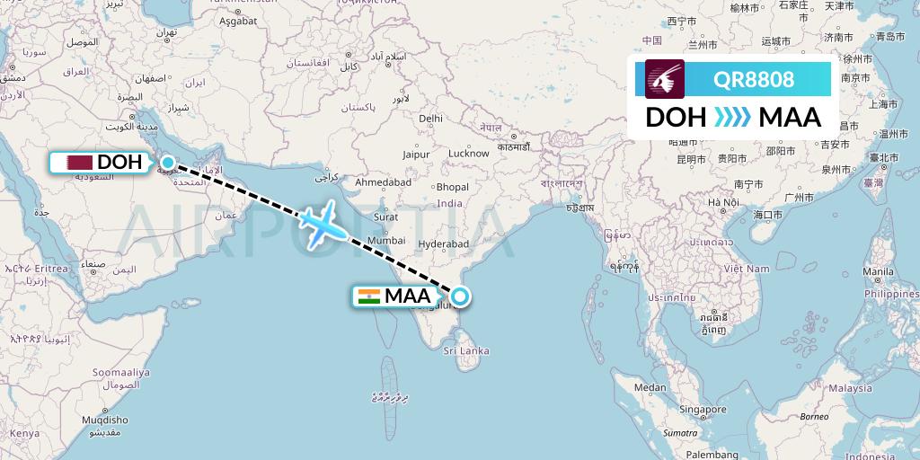QR8808 Qatar Airways Flight Map: Doha to Chennai