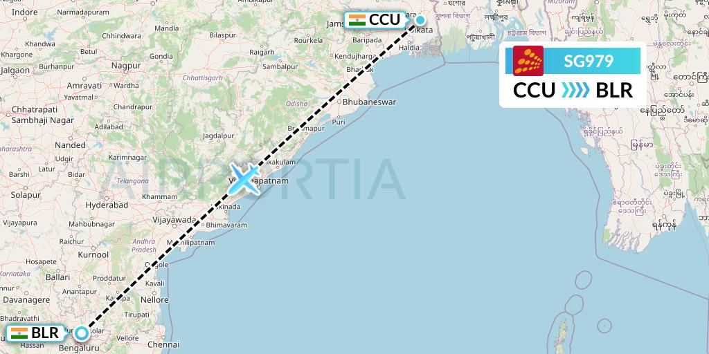 SG979 SpiceJet Flight Map: Kolkata to Bangalore