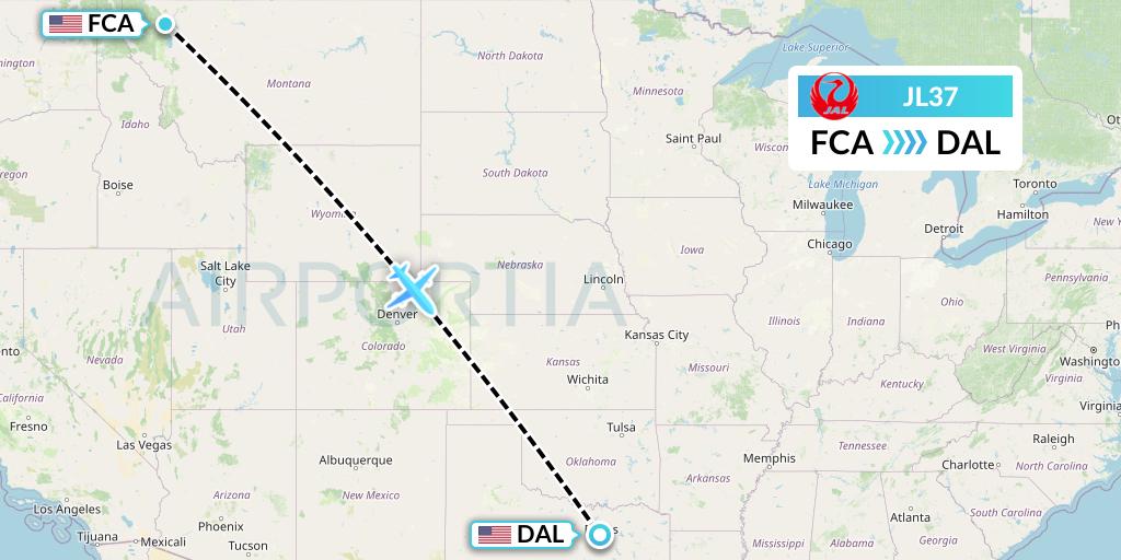 JL37 Japan Airlines Flight Map: Kalispell to Dallas