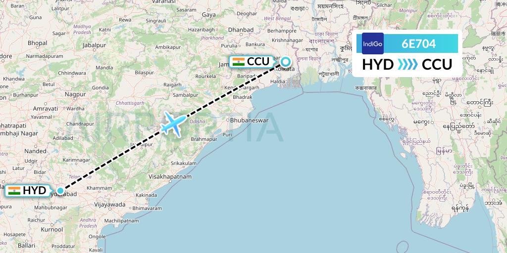6E704 IndiGo Airlines Flight Map: Hyderabad to Kolkata