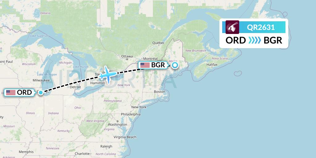 QR2631 Qatar Airways Flight Map: Chicago to Bangor