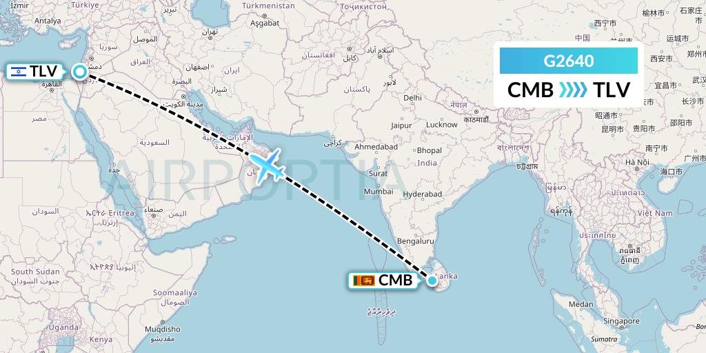 G2640 Albatros Airlines Flight Map: Colombo to Tel Aviv