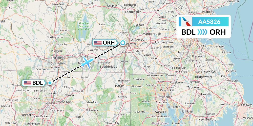 AA5826 American Airlines Flight Map: Windsor Locks to Worcester