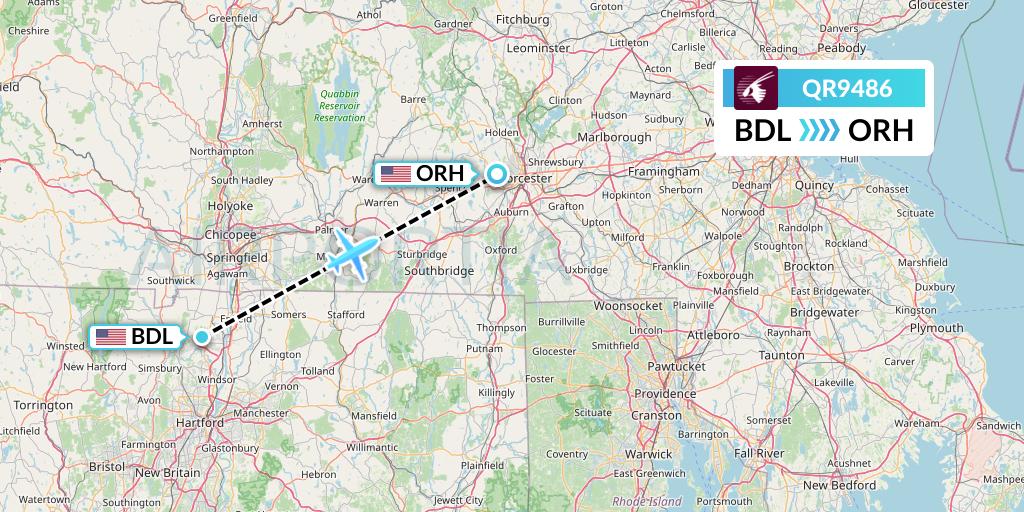 QR9486 Qatar Airways Flight Map: Windsor Locks to Worcester