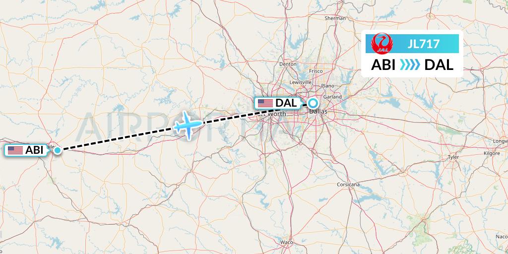 JL717 Japan Airlines Flight Map: Abilene to Dallas