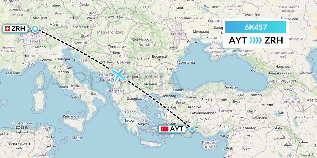 6K457 Songbird Airways Flight Map: Antalya to Zurich