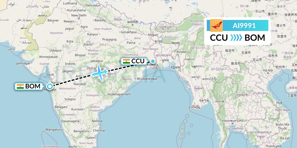 AI9991 Air India Flight Map: Kolkata to Mumbai