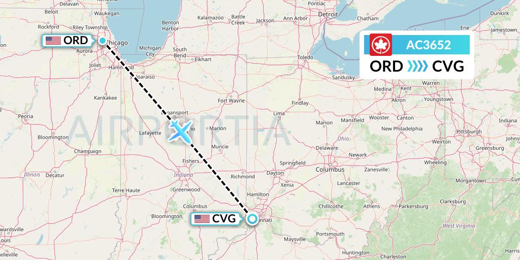 AC3652 Air Canada Flight Map: Chicago to Cincinnati