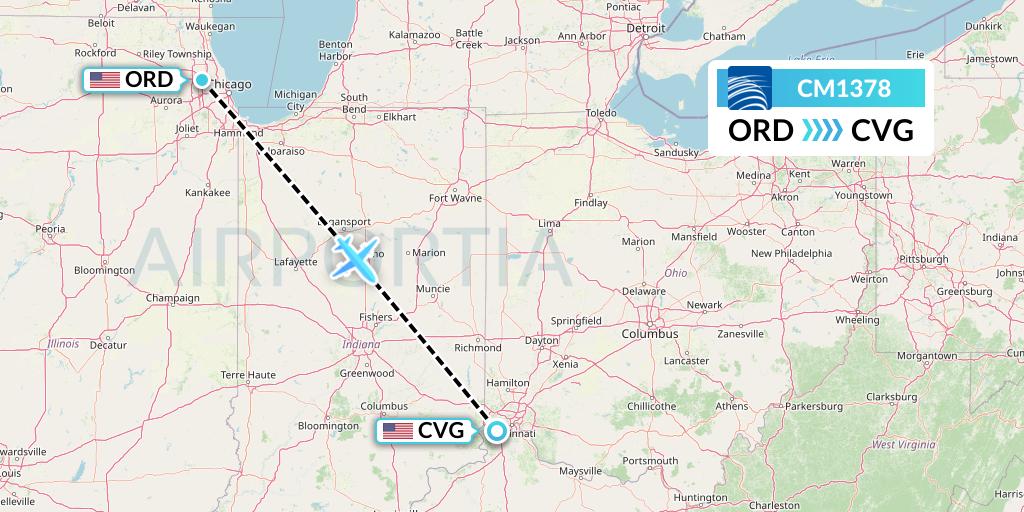 CM1378 Copa Airlines Flight Map: Chicago to Cincinnati