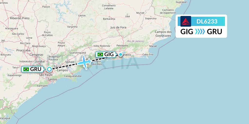 DL6233 Delta Air Lines Flight Map: Rio de Janeiro to Sao Paulo