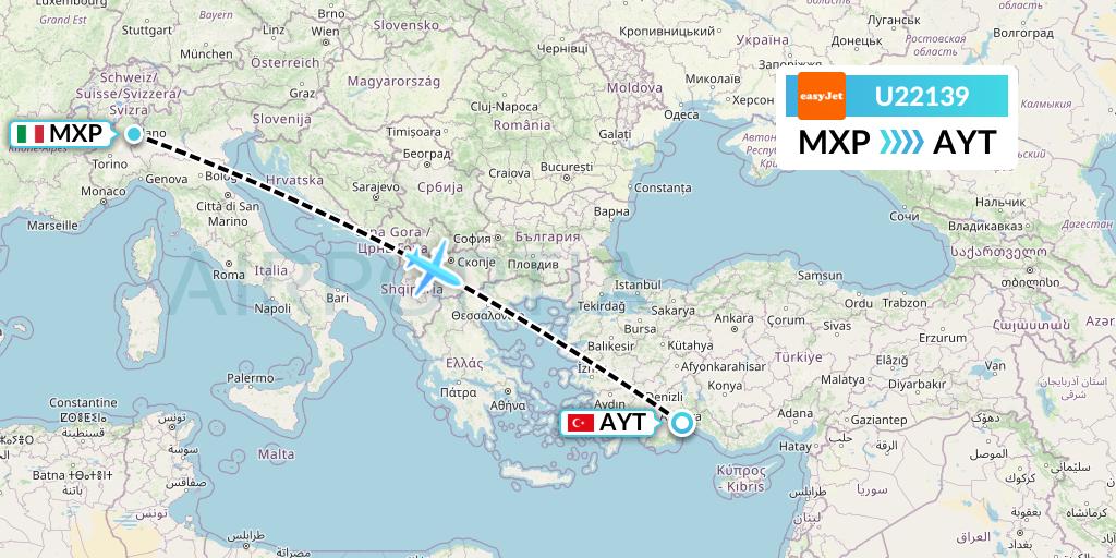U22139 EasyJet Flight Map: Milan to Antalya