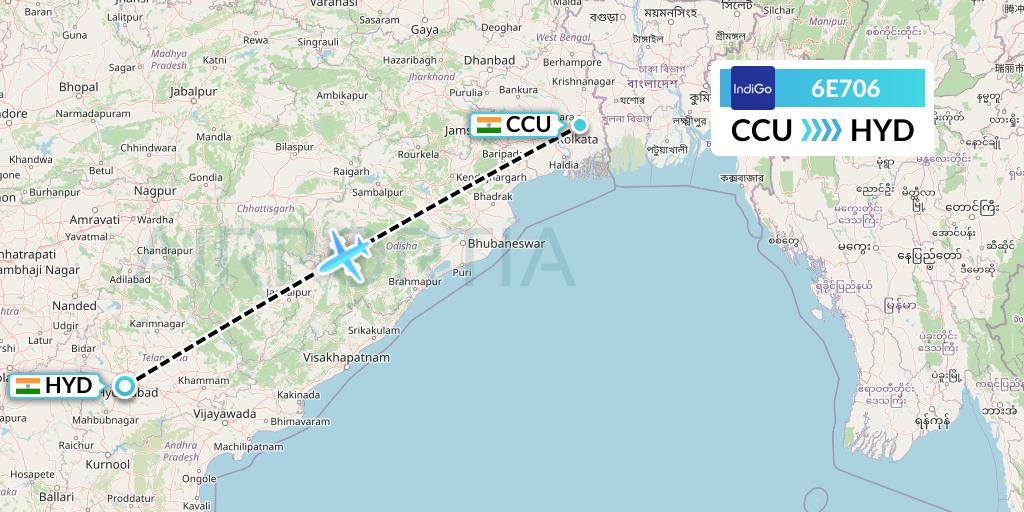 6E706 IndiGo Airlines Flight Map: Kolkata to Hyderabad
