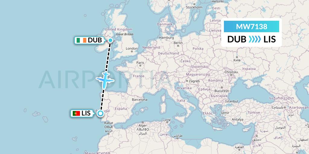 MW7138 Mokulele Flight Service Flight Map: Dublin to Lisbon
