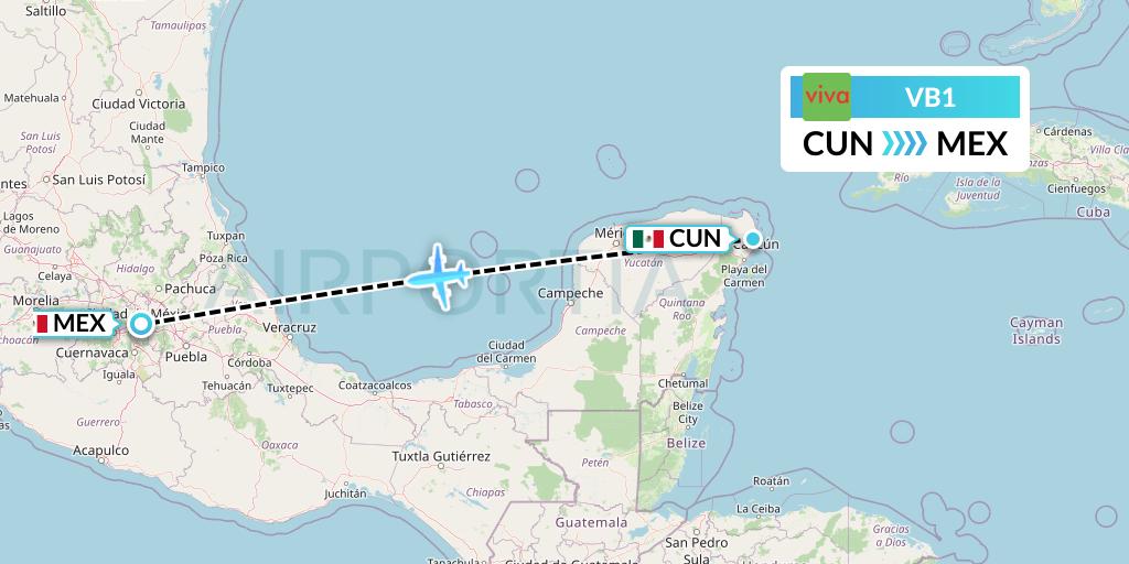 VB1 VivaAerobus Flight Map: Cancun to Mexico City