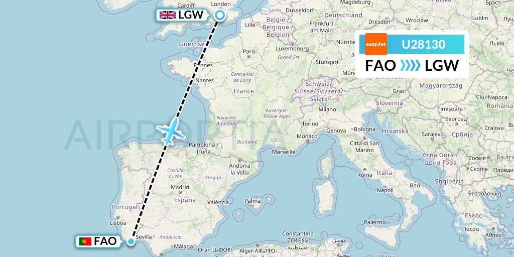 U28130 EasyJet Flight Map: Faro to London