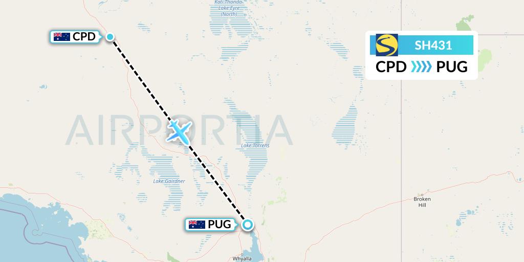 SH431 Sharp Airlines Flight Map: Coober Pedy to Port Augusta