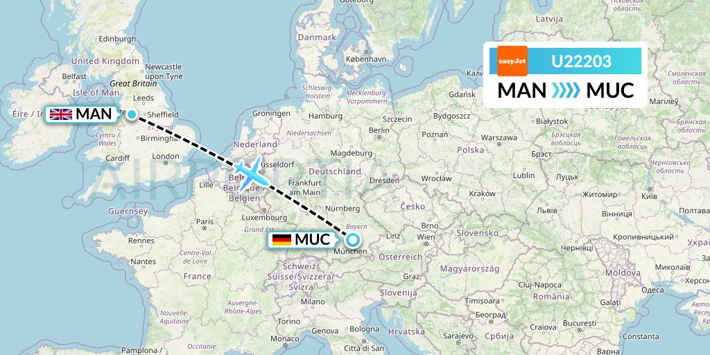 U22203 EasyJet Flight Map: Manchester to Munich
