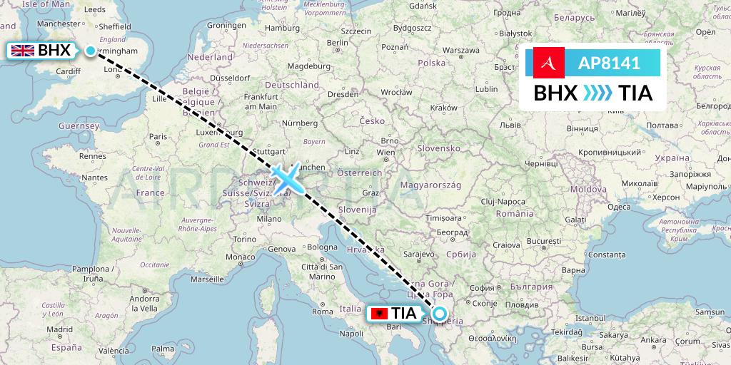 AP8141 AlbaStar Flight Map: Birmingham to Tirana