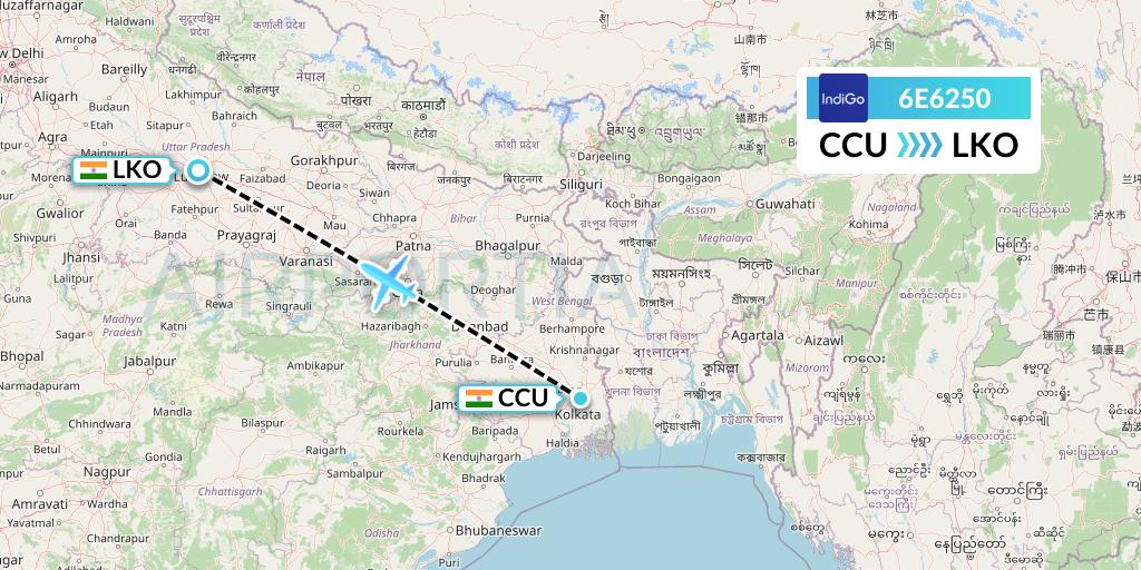 6E6250 IndiGo Airlines Flight Map: Kolkata to Lucknow