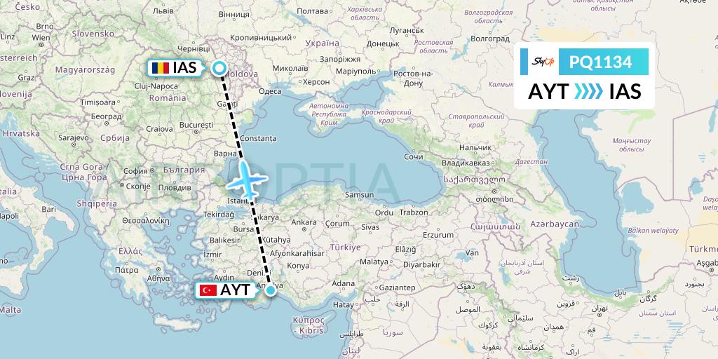 PQ1134 SkyUp Airlines Flight Map: Antalya to Iasi