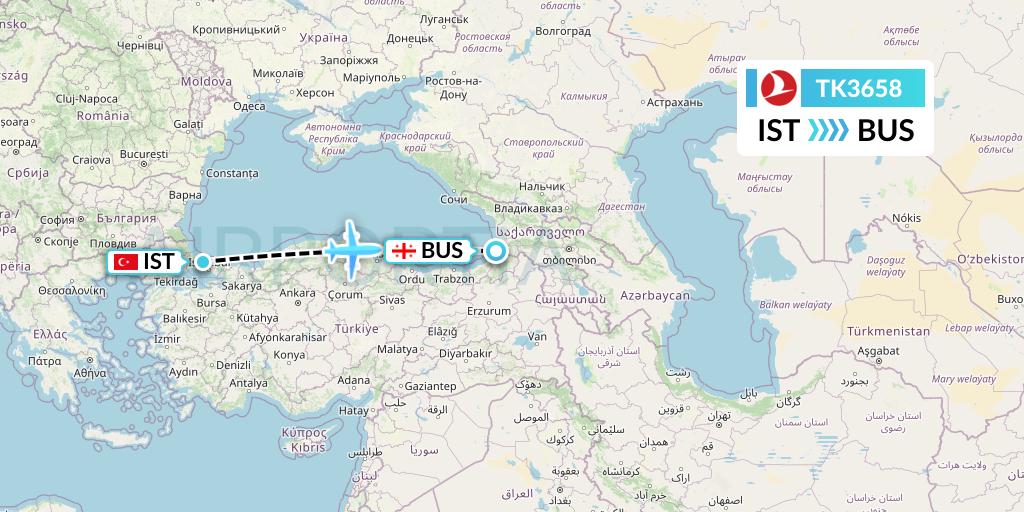TK3658 Turkish Airlines Flight Map: Istanbul to Batumi