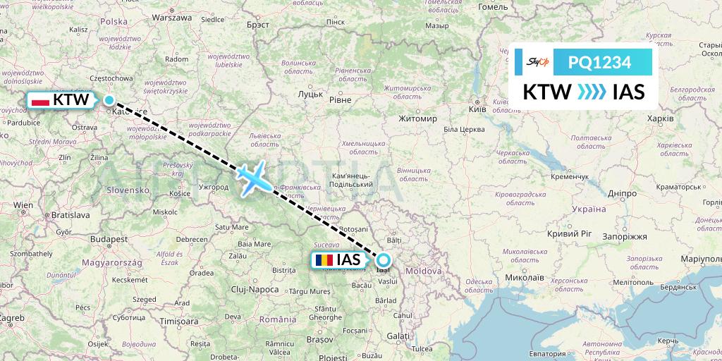 PQ1234 SkyUp Airlines Flight Map: Katowice to Iasi