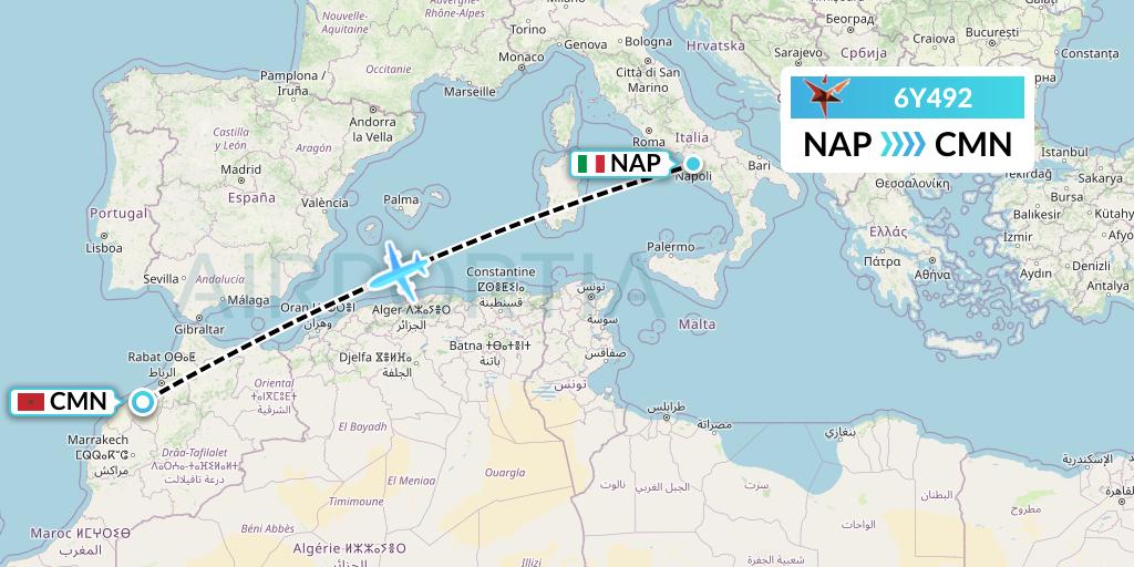 6Y492 SmartLynx Flight Map: Naples to Casablanca