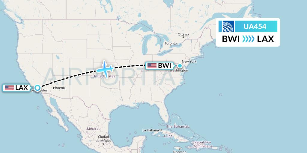 UA454 United Airlines Flight Map: Baltimore to Los Angeles