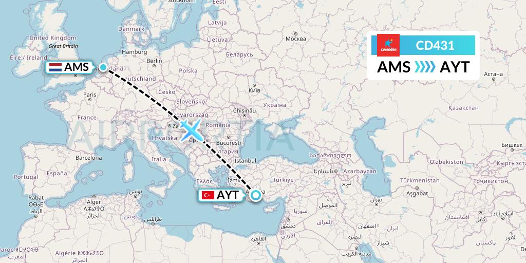 CD431 Dutch Corendon Airlines Flight Map: Amsterdam to Antalya