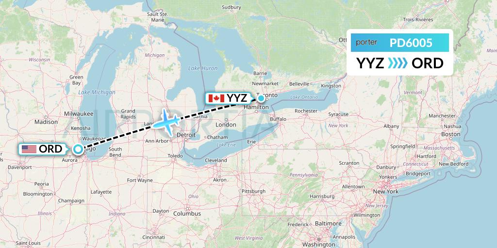 PD6005 Porter Airlines Flight Map: Toronto to Chicago
