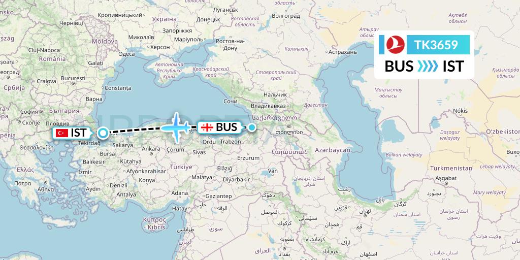 TK3659 Turkish Airlines Flight Map: Batumi to Istanbul