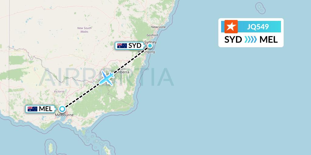JQ549 Jetstar Airways Flight Map: Sydney to Melbourne