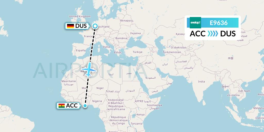 E9636 Evelop Airlines Flight Map: Accra to Dusseldorf
