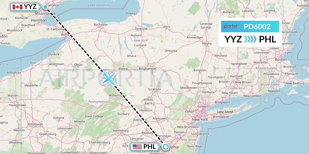 PD6002 Porter Airlines Flight Map: Toronto to Philadelphia