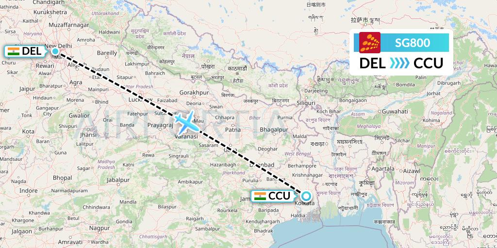 SG800 SpiceJet Flight Map: Delhi to Kolkata