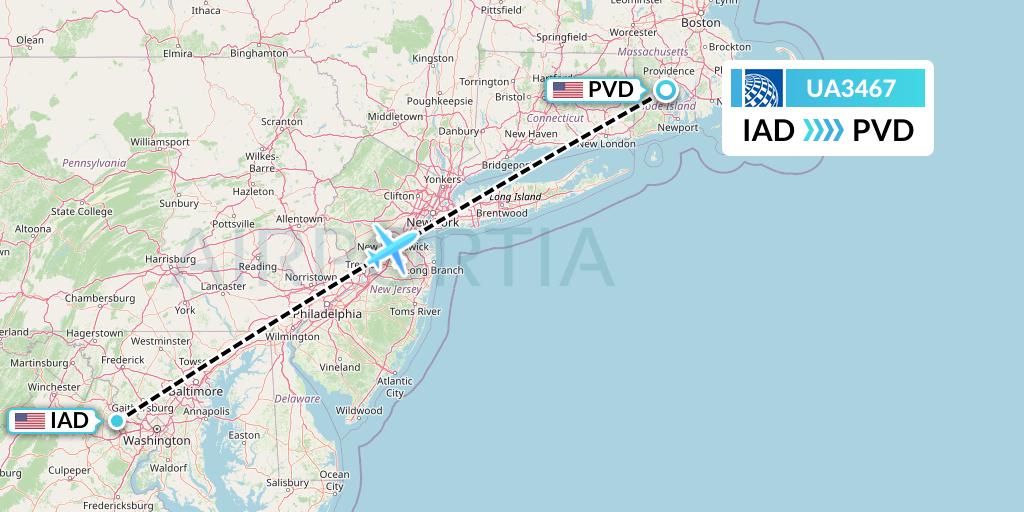 UA3467 United Airlines Flight Map: Washington to Providence