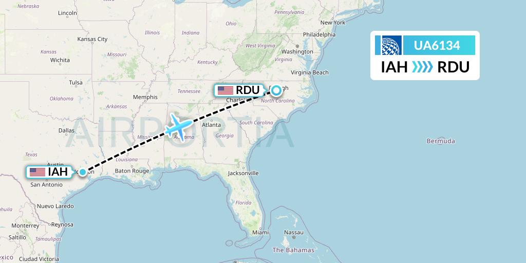 UA6134 United Airlines Flight Map: Houston to Raleigh-Durham