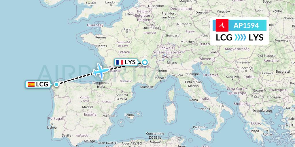 AP1594 AlbaStar Flight Map: A Coruna to Lyon