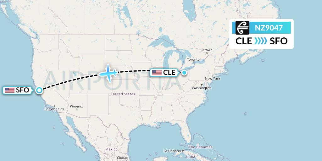 NZ9047 Air New Zealand Flight Map: Cleveland to San Francisco