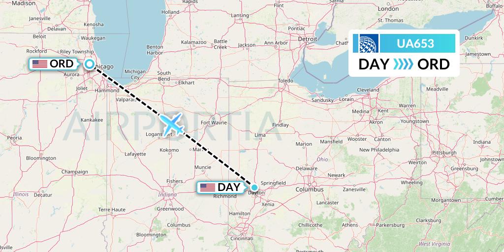 UA653 United Airlines Flight Map: Dayton to Chicago