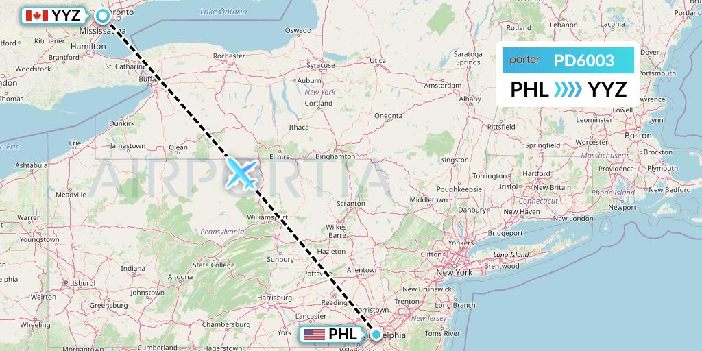 PD6003 Porter Airlines Flight Map: Philadelphia to Toronto