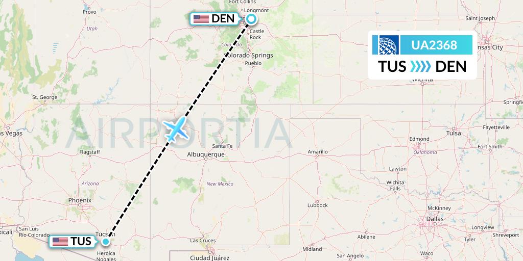 UA2368 United Airlines Flight Map: Tucson to Denver