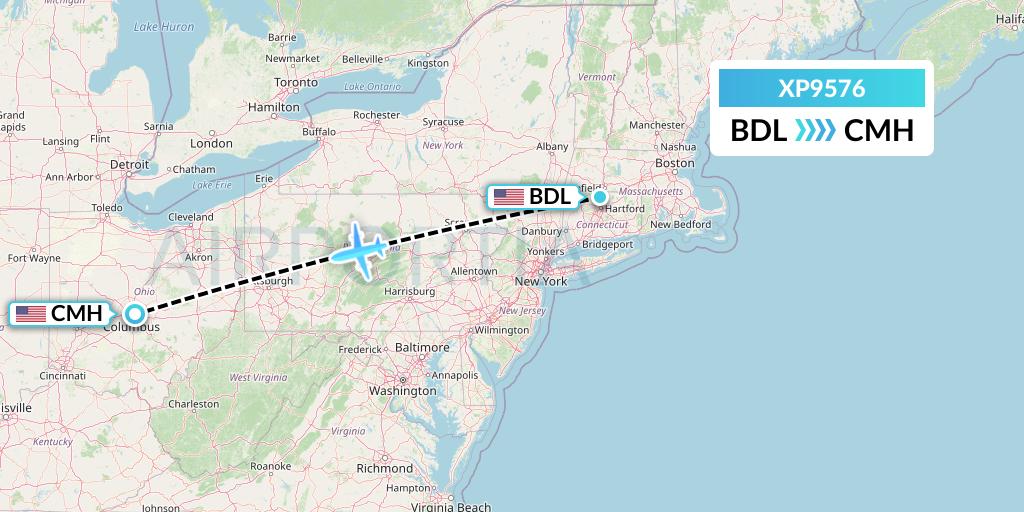 XP9576 Avelo Airlines Flight Map: Windsor Locks to Columbus