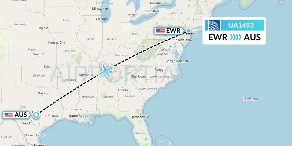 UA1493 United Airlines Flight Map: New York to Austin