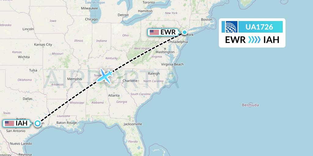 UA1726 United Airlines Flight Map: New York to Houston
