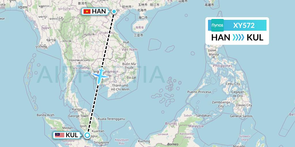 XY572 Flynas Flight Map: Hanoi to Kuala Lumpur