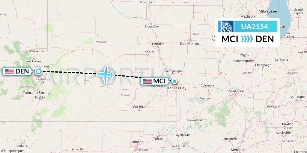 UA2154 United Airlines Flight Map: Kansas City to Denver