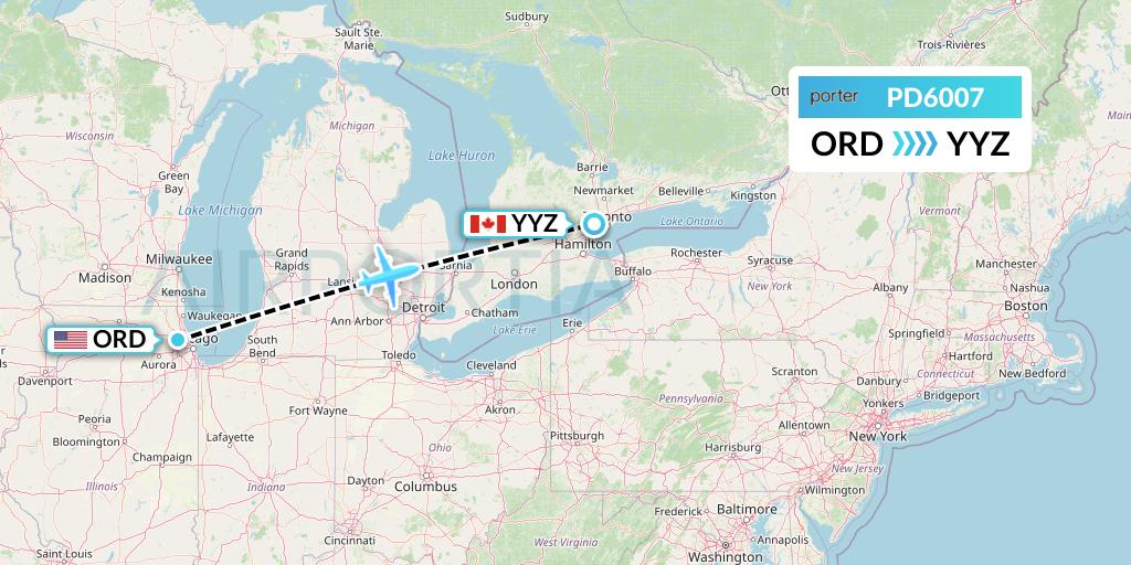 PD6007 Porter Airlines Flight Map: Chicago to Toronto