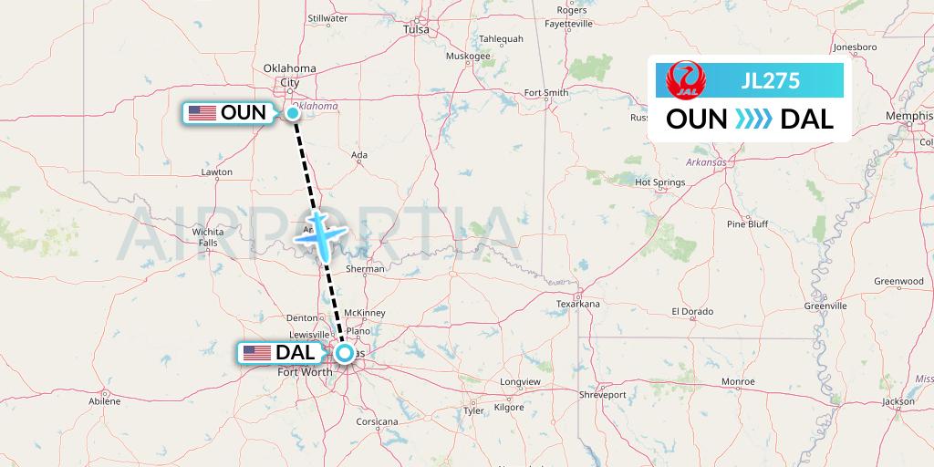 JL275 Japan Airlines Flight Map: Norman to Dallas